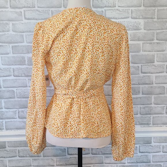 Yellow Daisy Floral Long Sleeve Wrap Shirt Cottagecore Fall Spring Feminine Sm - Picture 4 of 9